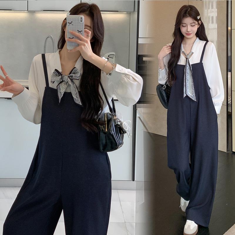 2026 Spring Maternity Set: Adjustable Overalls with Scarf & Shirt L