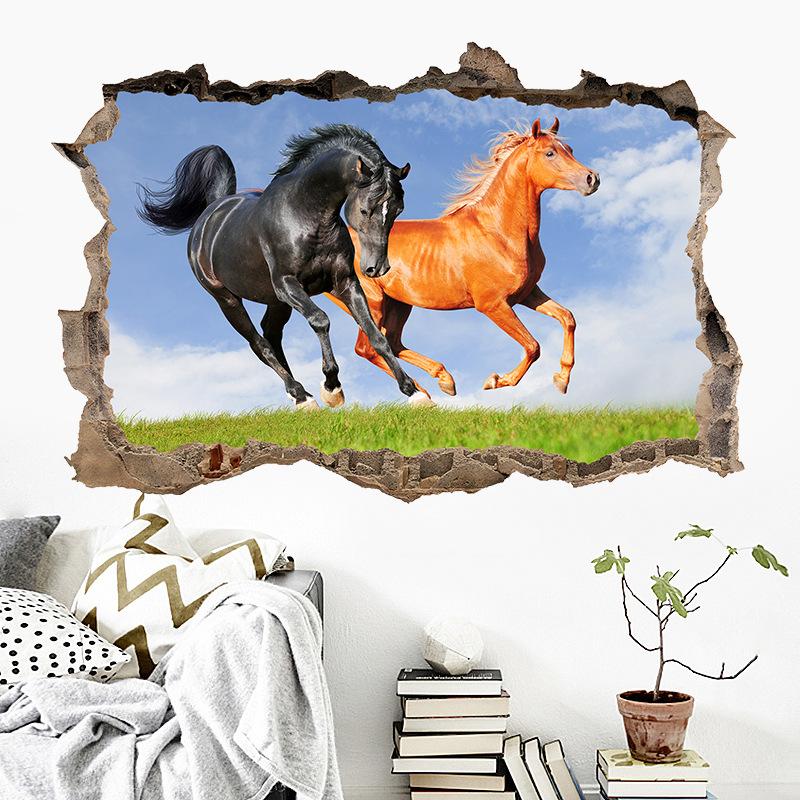 Plakat ze zwierzętami Dziura w ścianie Sztuka Biegnący Dobry Koń Winyl Naklejki Muralowe Do Salonu