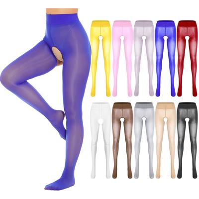 Womens Sheer Glossy Mid Waist Pantyhose Crotchless Stretchy Leggings
