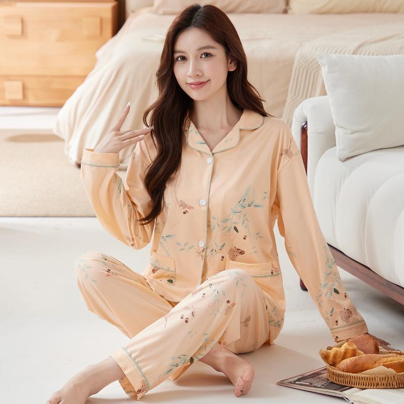 Women's Pajamas Spring and Autumn Imitation Cotton Long-sleeved Autumn New Large-size Cardigan Set Mother Loungewear