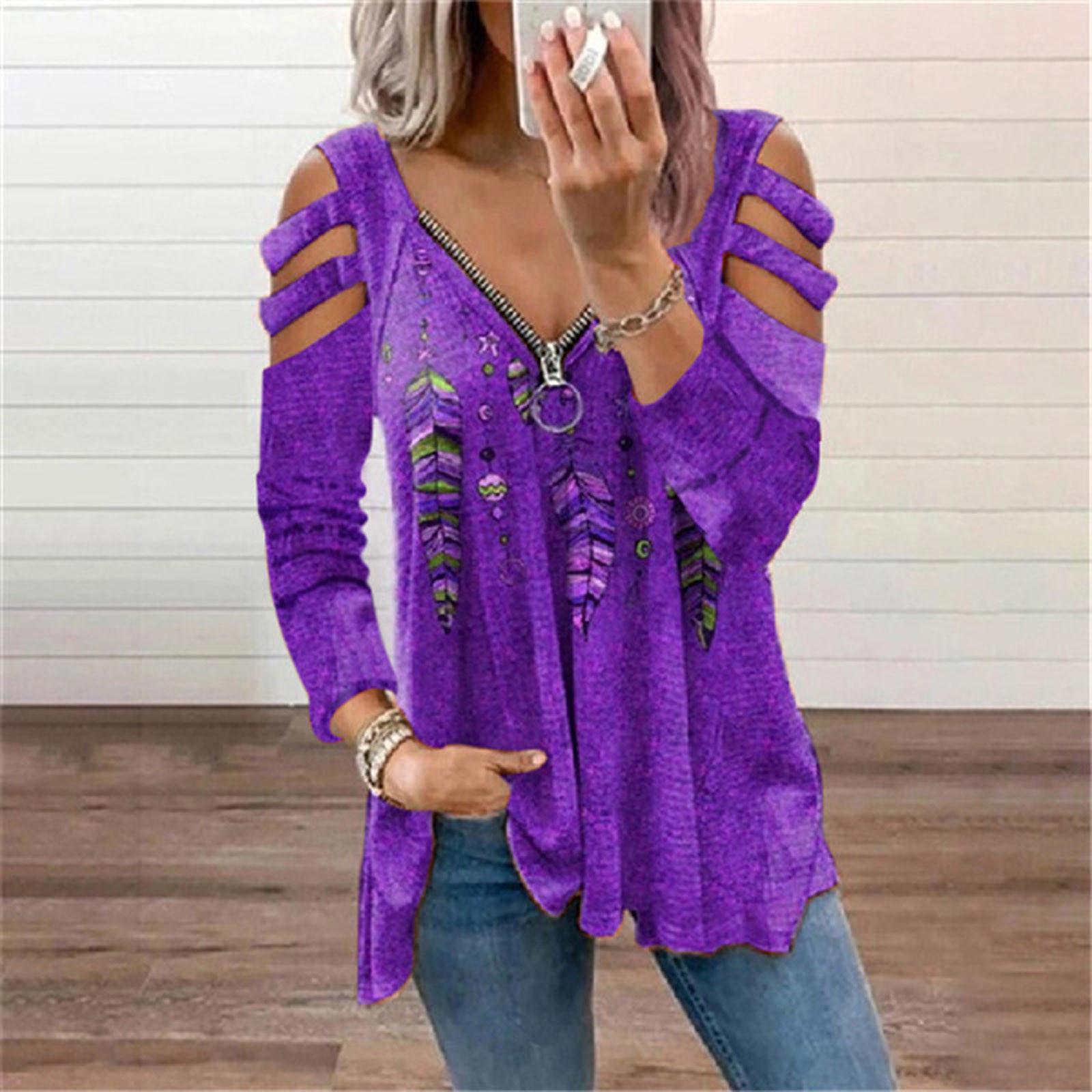 

Women s Long Sleeve Tops V-neck Zipper Pullover Print Loose T-shirt Blouse XXXXXL фіолетовий