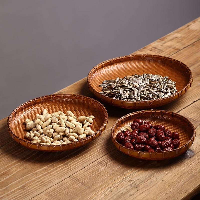 Lackierter Bambus-Geflechtkorb: Runde Retro-Obst-, Snack- und Teeschale