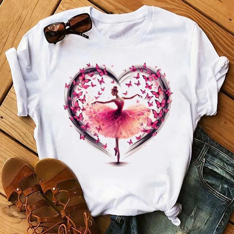 

Ballet Girl heart Print T-shirt Casual Crew Neck Short Sleeve Summer Women Clothing Fashion Sleeves T-Shirts White Student Tee S