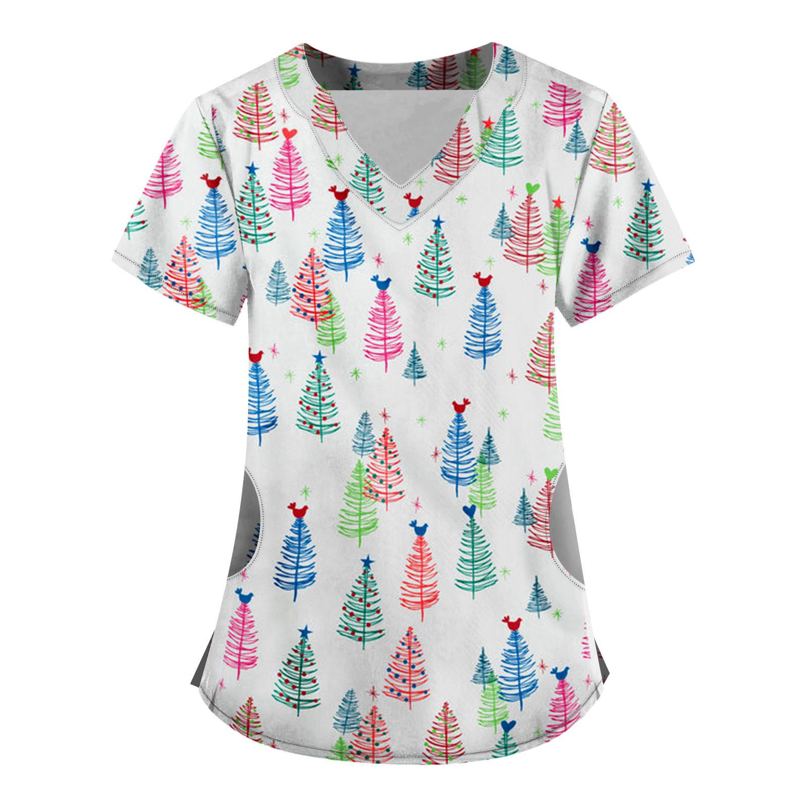 Women s Fashion Print Short-Sleeved V-Neck Caregiver Tops S белый