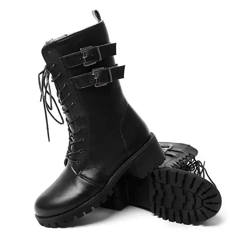 2025 Winter New Leather Womens Boots Chunky Heel Big Size platform boots Short Plush Fashion Buckle Side Zipper Warm Women Shoes