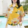 Women Summer Casual Shirt Lapel Short Sleeve Flower Pattern Shirt Double Breasted Side Drawstring Loose Fit Shirt Tops