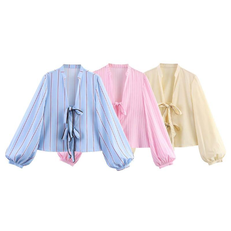 Jnleaog Spring New Arrival Women's Clothing Fashion Style French Fashion 3 Colors Shoelace Bowknot Decoration Casual Long Sleeves Shirt