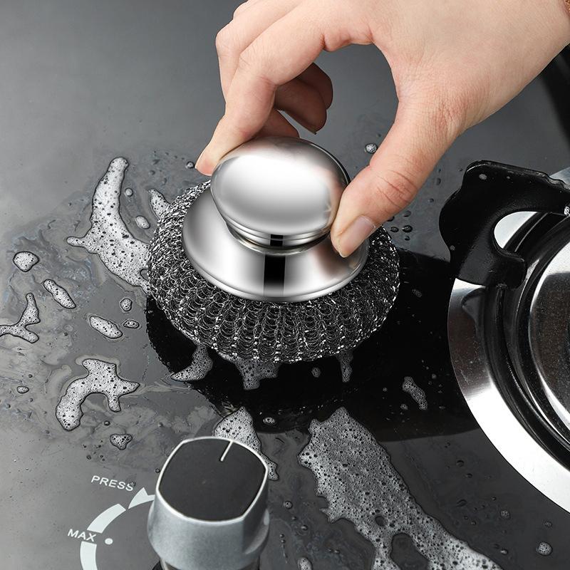 Topfbürste aus Edelstahl mit Griff und stabilem, langlebigem Metallball, geeignet zum Geschirrspülen und zur Küchenreinigung