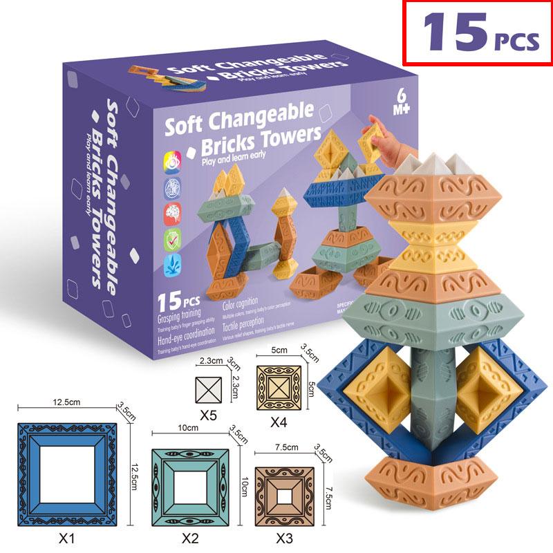

Children Pyramid Building Blocks Montessori Game Rainbow Soft Glue Blocks Construction Stacking Game Educational Toys For Kids