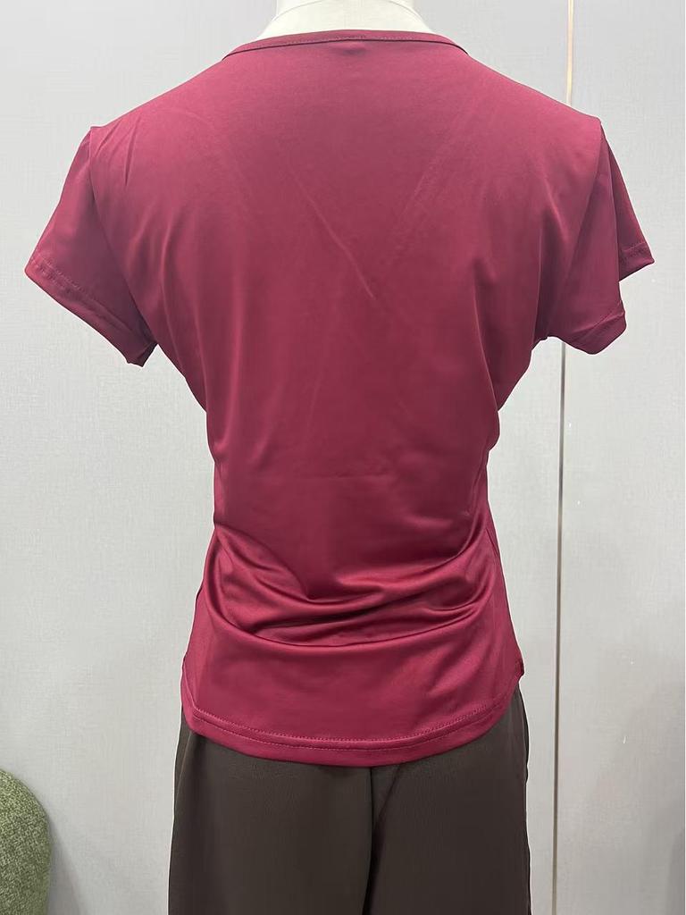 Damski T-shirt 2025 Y2K Jednolity Kolor Dopasowany Dekolt V Krótki Rękaw