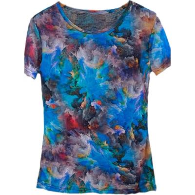 Women's Blue Abstract Print T-Shirt Round Neck Short Sleeve Casual Slim Fit Top