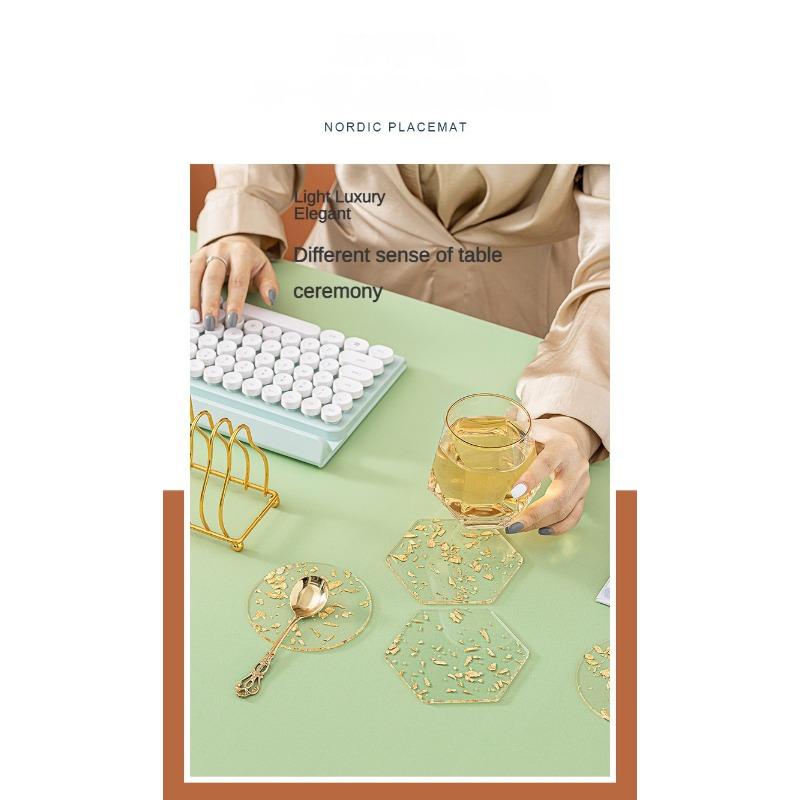 Acrylic Coaster Tea Cup Gold Foil Ins Same Creative Resin Table Mat Waterproof Heat-Resistant Mat Style Nordic Style
