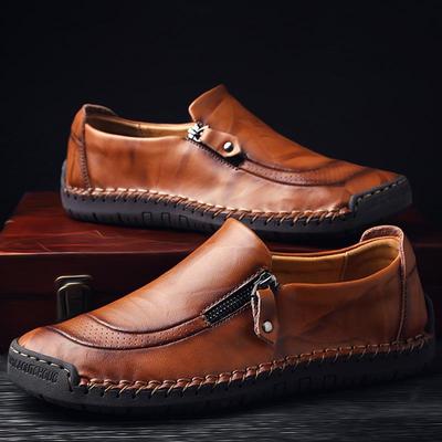 Men's Casual Patchwork Leather Zip Split Round Toe Slip-on Shoes Fashion Antiskid Suture Sole Loafer