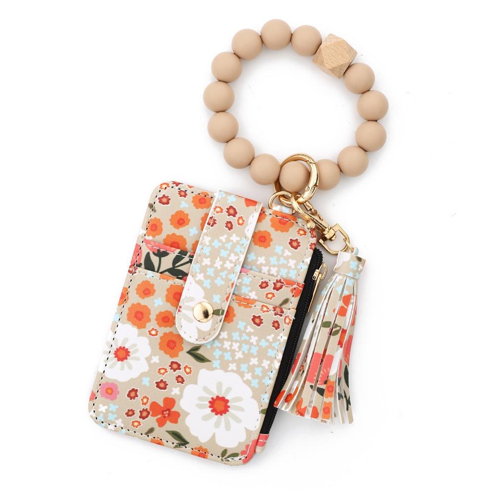 Pu Leather Silicone Bead Bracelet Keychain Boho Style Leather Card Bag Keychain  Fashion Wear