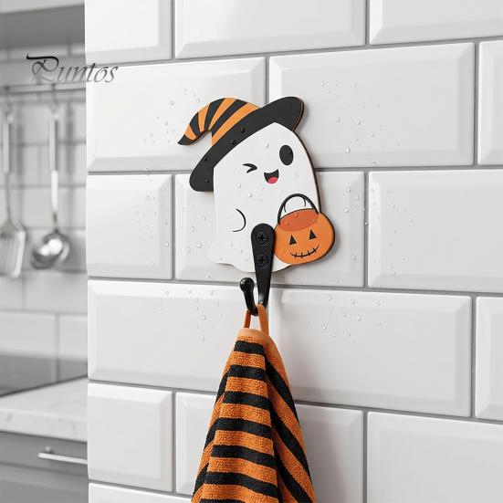 Small Bag Hanger for Bathroom Halloween Themed Wall Hook, Decorative Ghost Pattern Key Hanger, Self Easy Install Adhesive Hook Backing Wood
