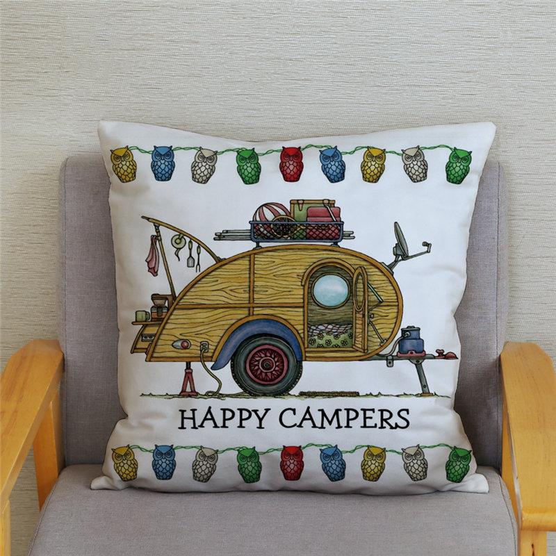 Throw Pillow Case Sofa Home Decor Owl Pillowcase Happy Campers Car Soft Short Plush Cushion Cover Print Pillow Covers 45*45cm