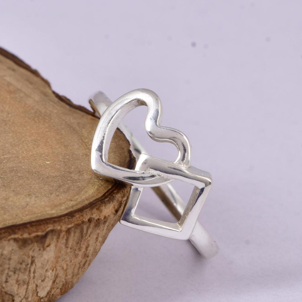 Heart and Square Silver Ring, Minimalist Geometric Ring, Dainty Heart Ring, Sterling Silver Open Shape Ring, Modern Gift for Her