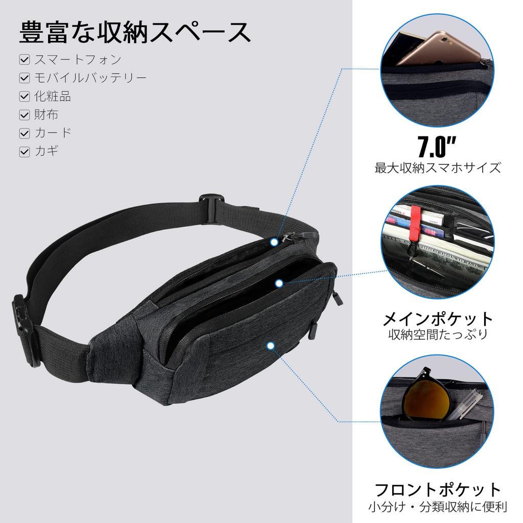 WATERFLY Waist Waist Bag for Men and with Extension Multiple Comfortable Earphone for and Gray Pouch, Women, Belt, Water-Repellent, Lightweight,