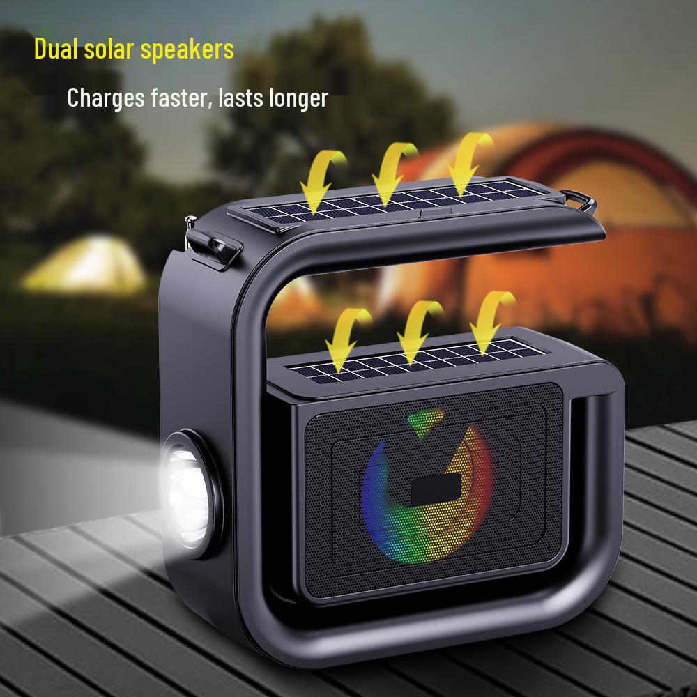 Solar-Powered Bluetooth Speaker with Bass, Flashlight, and Phone Holder for Outdoor Use