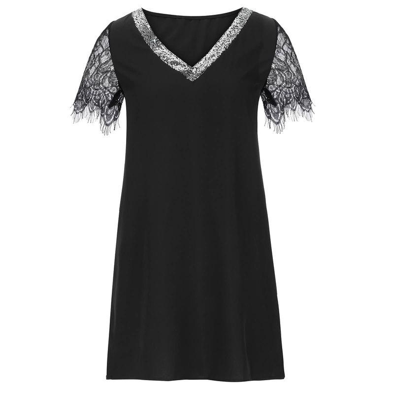 

Fashion Style New Arrival Spring Summer Women s Wear Color Contrast Patchwork Sequin V-neck Lace Ruffled Short Sleeves Loose a Dress Black S