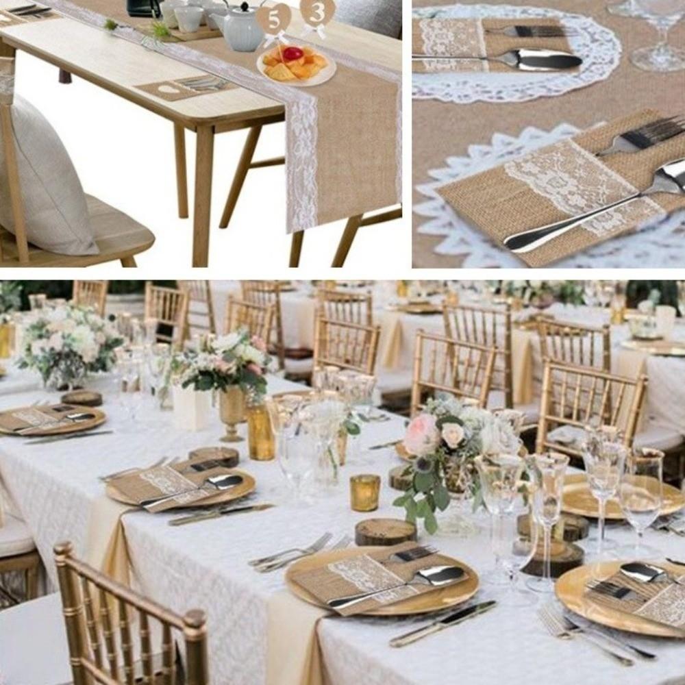 Practical Rustic Style Linen Lace Cutlery Bag Lace Decorative Utensil Cutlery Holders Burlap Fork Bag Wedding Decor