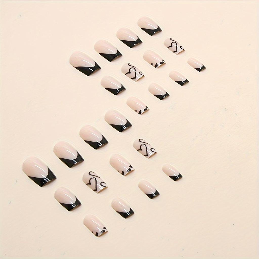 24pcs Mid-length Square Shape Press On Nails, Black Fake Nail With Heart Decor, Glossy Full Cover Nails For Women