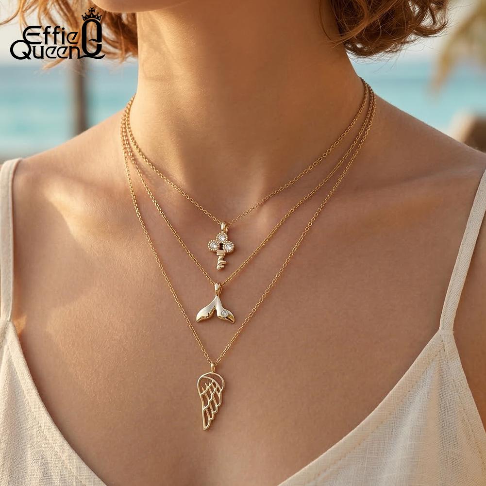 Effie Queen S925 Silver Fish Shape Shiny Zircon Charm Pendant Necklace Fashion Fishtail Chain Link Jewelry Party Gift SAPN64