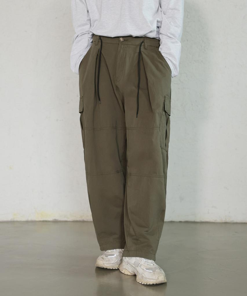 Jikeulib Back Elastic Waist Pintuck Balloon Hem Dart Cargo Pocket Wide Pants