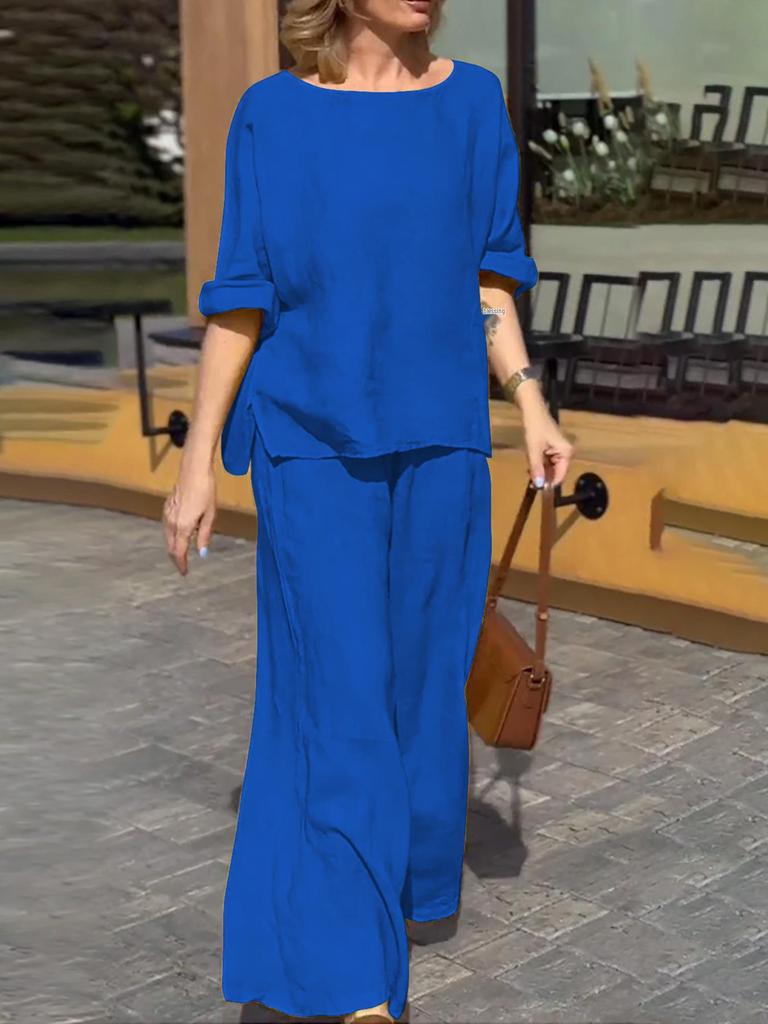 European & American 2025 Fall Women's Cotton Linen Solid Color Loose Casual Two-Piece Pant Suit