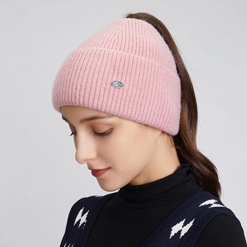 A Women's Knitted Hat with Exposed Braids, Autumn and Winter Thick Ear Protection Hat, Women's High Ponytail Braid