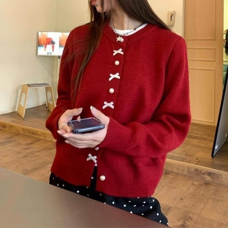 Spring and Autumn Butterfly Knot Cardigan Sweater Women Elegant Pearl Button Korean Style Sweet Jackets Light Yellow Knitted Coats Round Neck Shirts