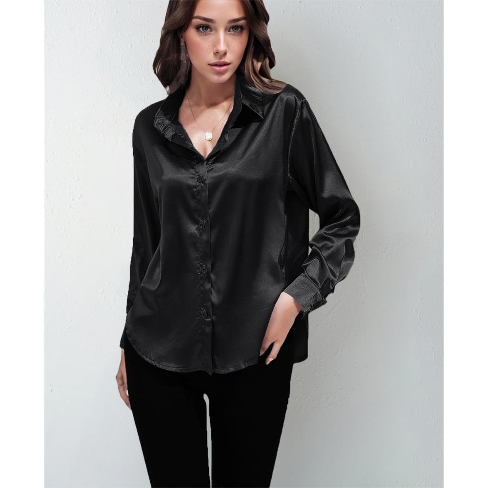 GMXIA Sateng Silkelignende Langermet Ensfarget Skjorte for Kvinner, Elegant Knappedetalj foran med Krage