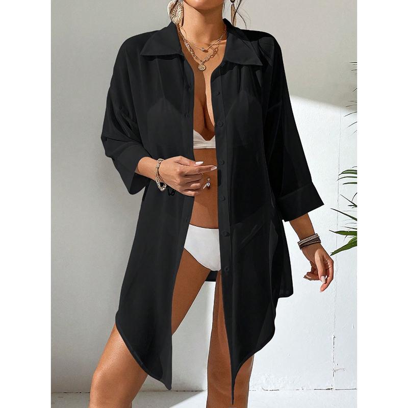 

Элегантная прозрачная пляжная сексуальная блузка, модная новая белая шифоновая рубашка больших размеров, женская повседневная свободная пляжная солнцезащитная рубашка, женские топы 24731 L чёрный