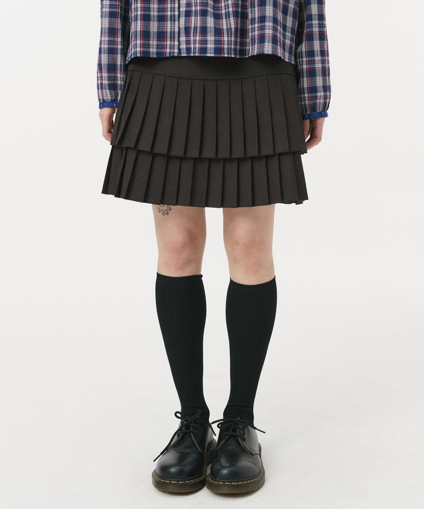 Ohesio Side Button Double Pleated Mini Skirt, Brown