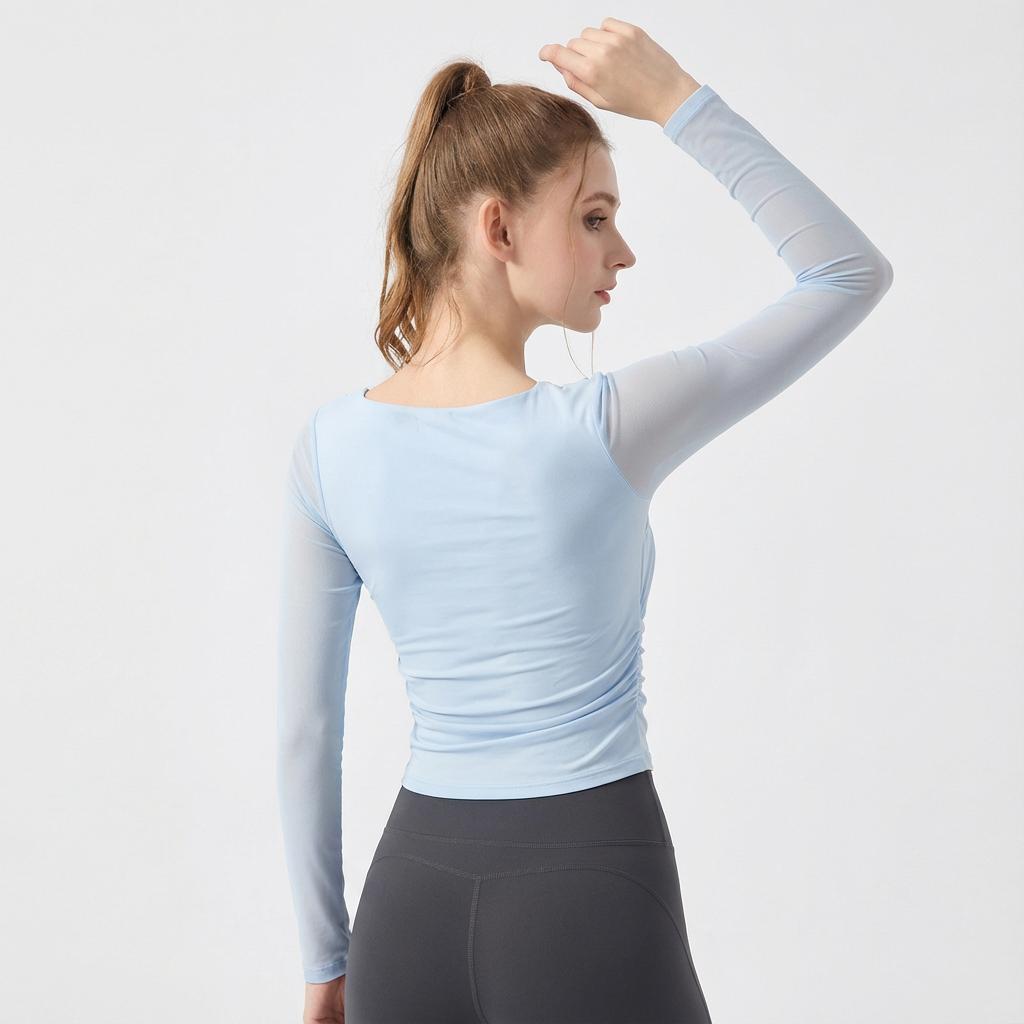 Women's Padded Long Sleeve Yoga Shirt, Crop Top, Sexy Mesh Gym Shirt, Running Workout T-shirt, Fitness Sports, Pilates Wear