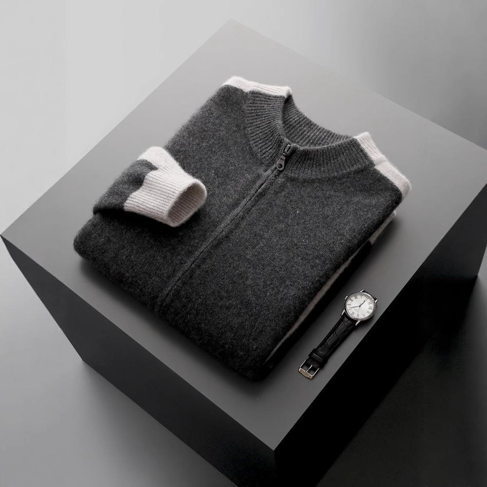 Men'S Half-Turtleneck 100% Pure Wool Thickened Cardigan, Commuter-Style Zip-Up Knit Cardigan, Loose Plus-Size Jacket