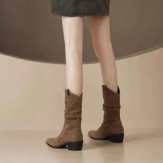 Long Boots Women's New Frosted Retro High Boots for Fall/Winter  with Pointed Toes and Chunky Heels