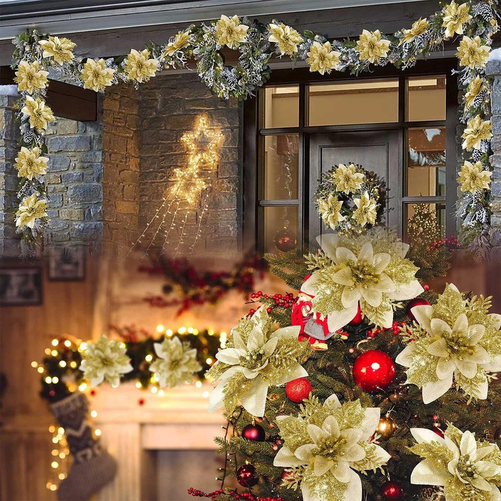 12Pcs Christmas Poinsettias Flowers Decoration Artificial Flowers for Christmas Tree Ornaments Suitable for Home Christmas Decorations