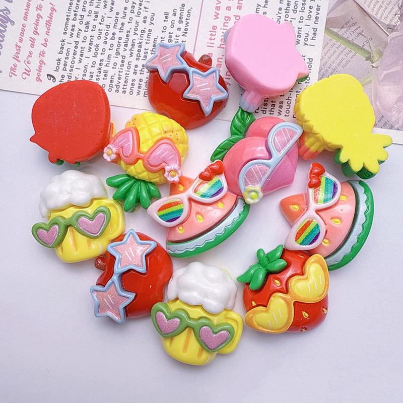 10PCS Resin Kawaii Colorful Cool Glasses Cartoon Strawberry Peach Pineapple Flat Back Stone Scrapbook Figurines DIY Decor Crafts