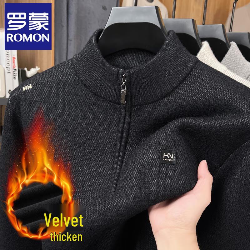 Luomeng Men's Winter Half-Zip Stand-Collar Fleece Lined Sweater