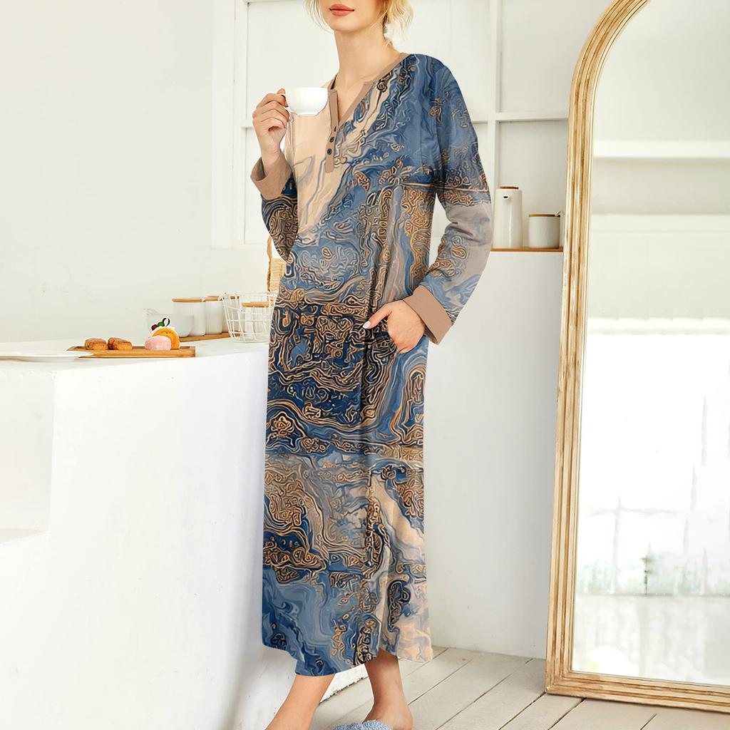 Dámská noční košile dlouhá společenská V-výstřih noční košile s kapsami