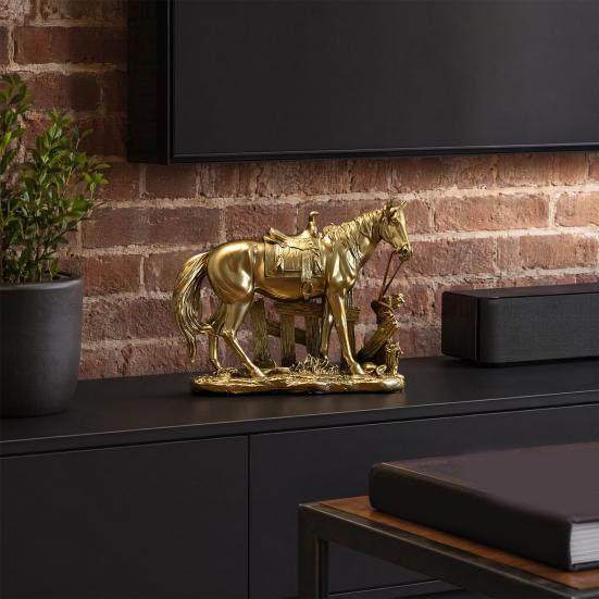 Horse Resin Figurine, Rustic Fence & Galloping Pony Statue Sculpture, Luxury Home Decor for Living Room TV Stand Entryway Wine Cabinet, Unique