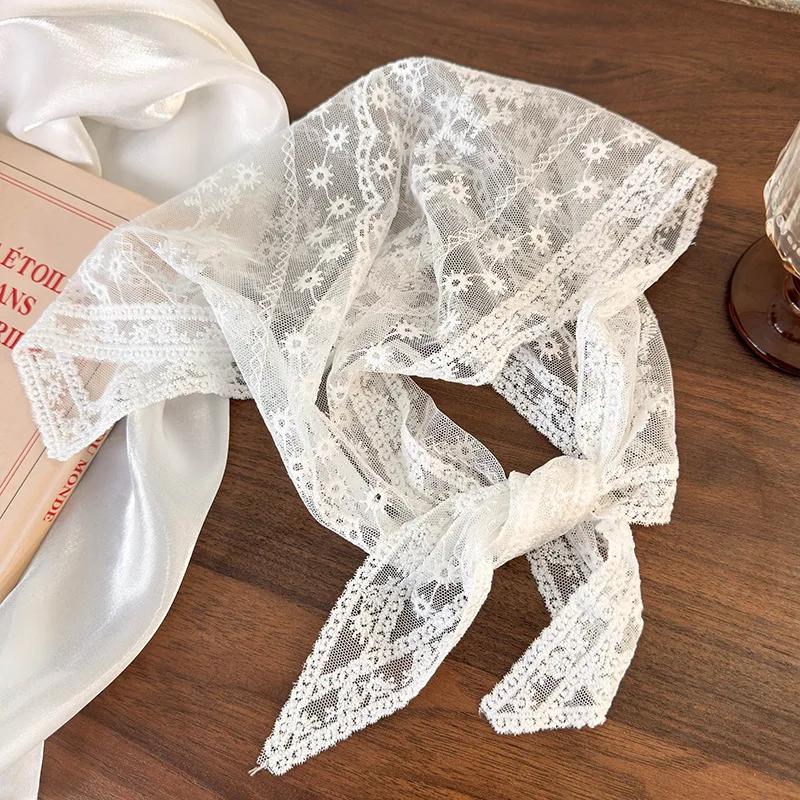 Summer White Woven Floral Lace Hair Scarf Wraps Women Retro Triangle Headscarf Hat Travel Photo Headband Hair Accessories