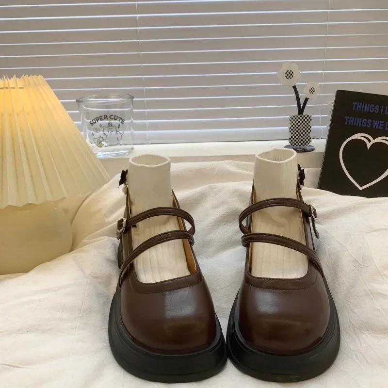 Retro Brown Versatile Thick Bottom Small Leather Shoes Women Spring Autumn Shallow Mouth Thick Heel French Style Mary Jane Shoes