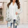 Women Plus Size Long Sleeve Open Front Red Printed Draped Collar Curved Hem Cardigan