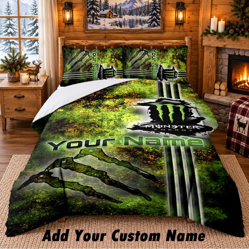 Set Biancheria da Letto con Fantasia Monster Energy 3 Pezzi Nome Personalizzato, Lenzuolo e Federe per Camera da Letto di Casa