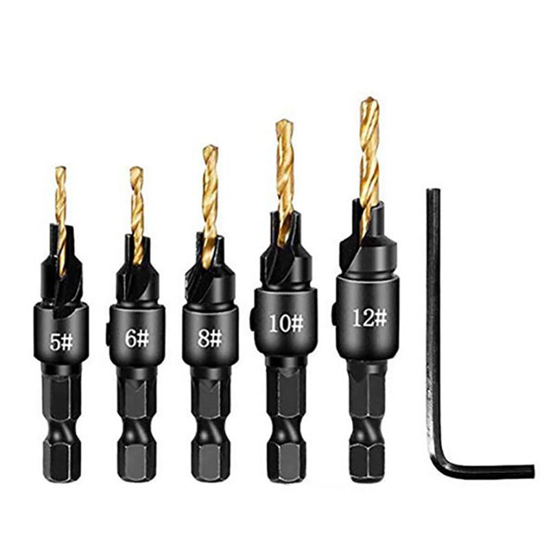 

Зенковка Деревообработка 5xрегулируемый Набор сверл Сверление Пилотный Гаечный ключ Отверстия золотой