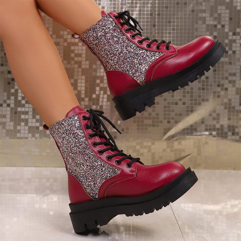 

Модные Ретро Красные Блестящие Ботинки для Женщин На Шнуровке Большого Размера Ботильоны Женские Весенне-Осенние С Круглым Носком На Толстой Подошве Botas Mujer 43