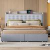 Cama Estofada 160*200 cm, Mesa de Cabeceira com Porta de Carregamento USB e Prateleira, Cama de Casal Plana com 4 Gavetas, Tecido de Linho Cinza