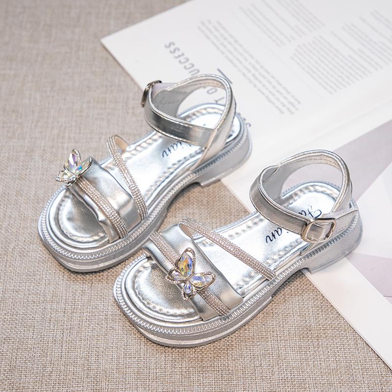 Dívčí princeznovské sandály s motýlím uzlem, dětské sandály s kamínky, letní módní dětské funkční boty, protiskluzové, 2024